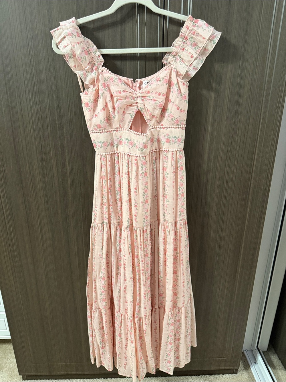 Trixxi Light Pink Floral Ruffled Maxi Dress with Front Bow